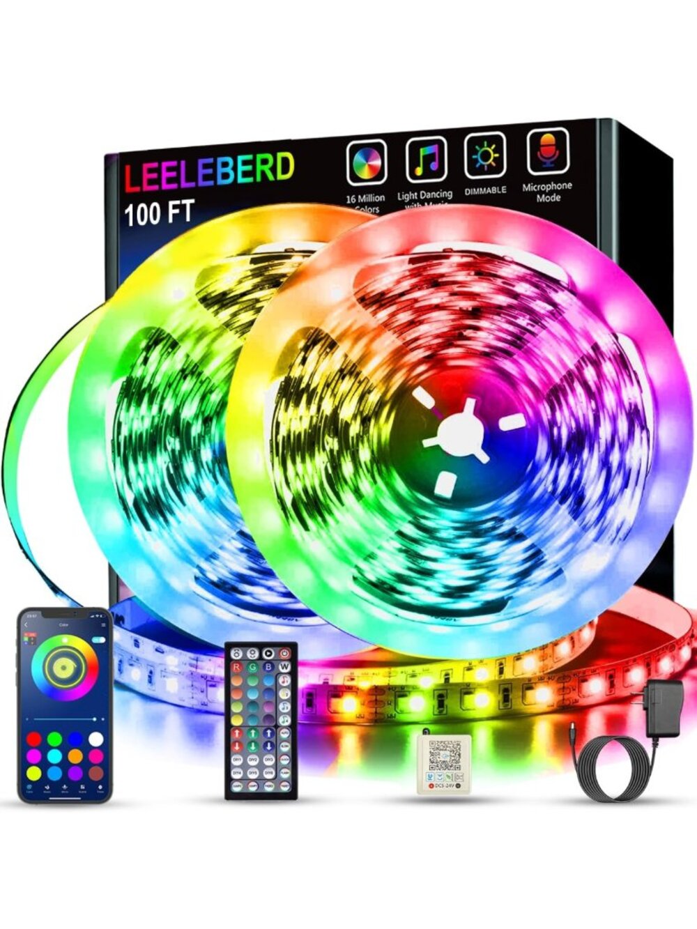 Color Changing LED Strip Lights 100ft - Music Sync, Bluetooth Control, Room